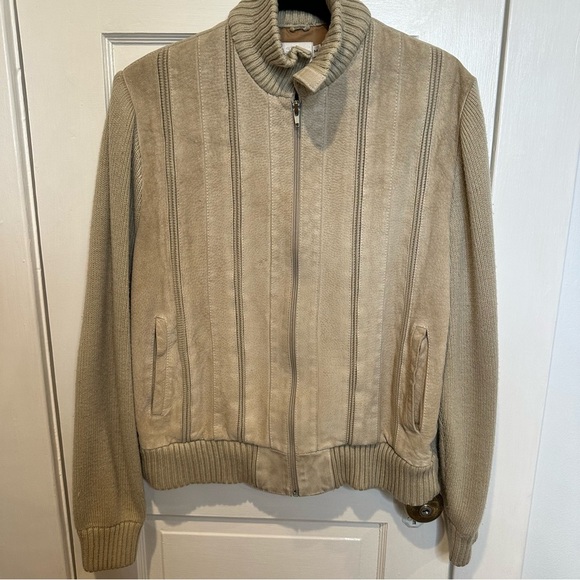VINTAGE OLEG CASSINI CREAM SUEDE KNIT COMBO JACKET WITH SUEDE ELBOW PATCHES SZ M